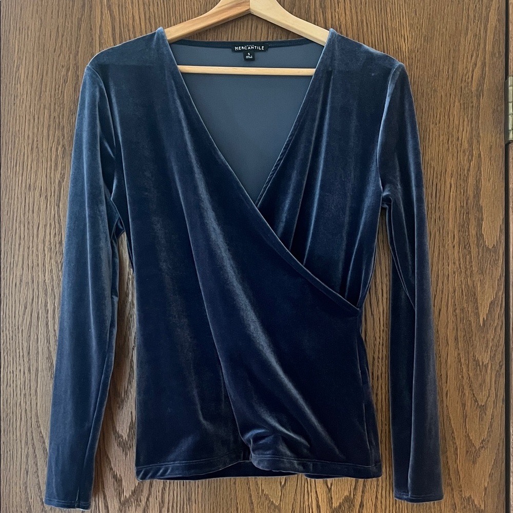 J Crew Mercantile Navy Velvet Wrap Top